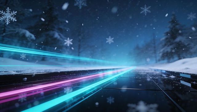 Streaming neon cyan and magenta light trails across snowy night track in twilight forest
