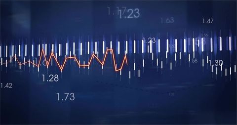 Neon candlestick market chart with orange trend line, numeric data overlay on navy screen