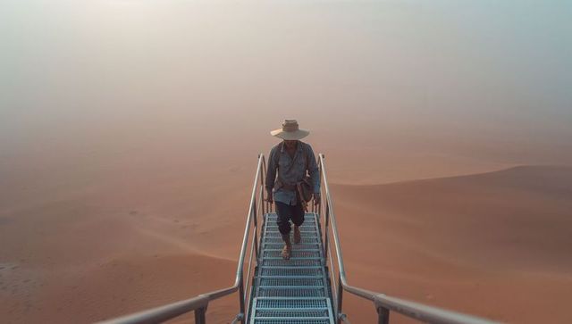 Adventurous traveler descends metal stairs into vast desert dunes