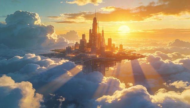 Floating Futuristic Sky City at Sunrise with Central Spire and Golden Light