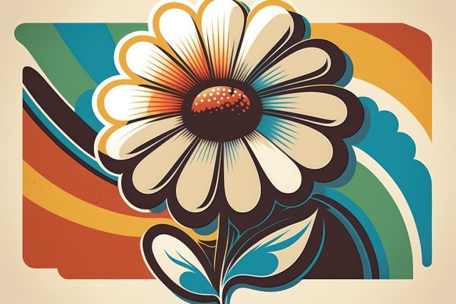 This vibrant retro daisy flower art features a colorful abstract background with a 70s style design. The vintage pop art style makes it perfect for wall art, posters, greeting cards, t-shirt designs, and office decor. Its bold colors and eye-catching design add a playful yet sophisticated touch to various creative projects, celebrations, and branding materials.