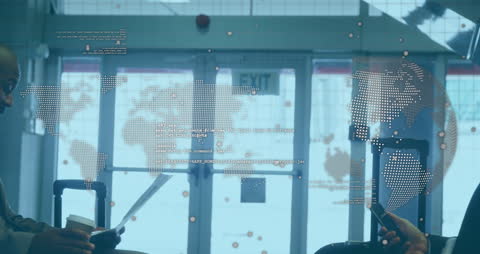 Businessman in Airport with Digital World Map Interface