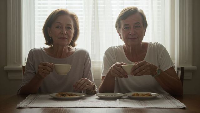 Sipping tea together elderly women sharing quiet morning companionship at dining table