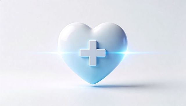 Floating glossy heart with raised medical cross and blue light flare for health design
