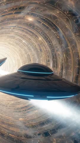 UFO Saucer Igniting Thrust Beam Advancing Through Ringed Tunnel Toward Bright Exit