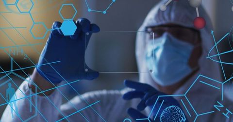 Scientist analyzing data screen in medical lab with digital overlay