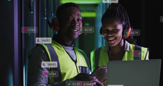 Smiling Technicians in High-Vis Vests Using Laptop in Data Center - Download Free Stock Images Pikwizard.com