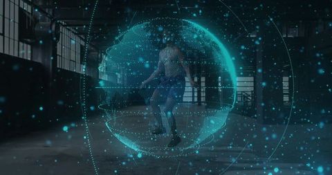 Shadowboxing boxer training with holographic globe overlay in industrial warehouse gym