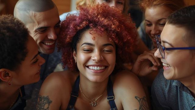 Smiling young woman with nose ring surrounded by laughing friends in cozy denim moment