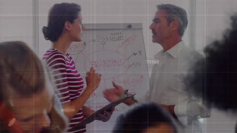 Business Team Engaging in Branding Strategy Discussion with Data Overlay