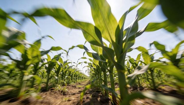 Low-angle perspective of young corn rows growing in sunlit tilled field under clear blue sky