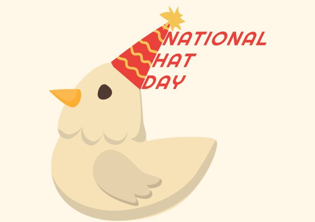 Illustration of national hat day text by duck wearing party hat and against beige background. text, communication, party, animal representation and national hat day concept.