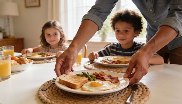 Parent serving family breakfast with fried egg, toast, bacon and asparagus at cozy table