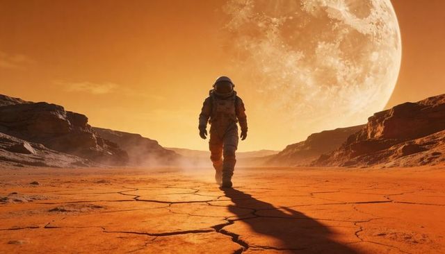 Astronaut Walking Across Cracked Red Plain with Giant Moon Rising over Canyon Horizon