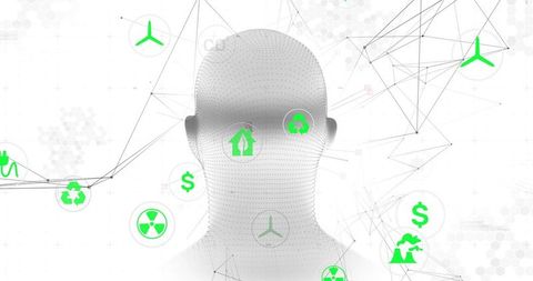 Dotted mesh human head hovering in digital network with green energy and recycling icons