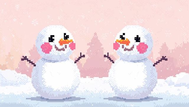 Playful pixel-art snowmen duo waving twig arms on pastel snowy landscape, falling snow