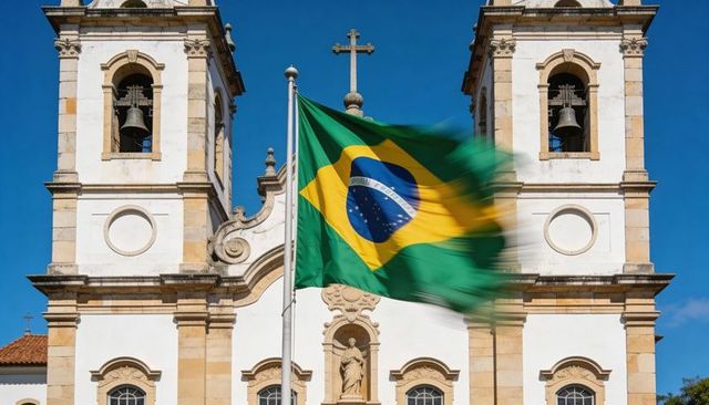 Waving brazilian flag before baroque church facade with bell towers and motion blur