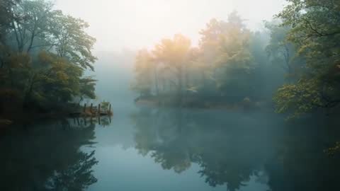 Fog Lifting Over Tranquil Forest Lake at Dawn