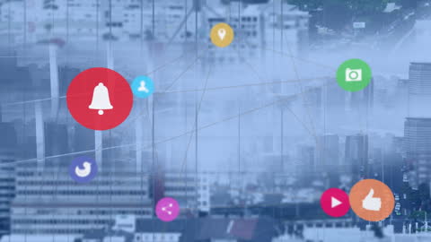 Digital Network of Media Icons Over Modern Cityscape
