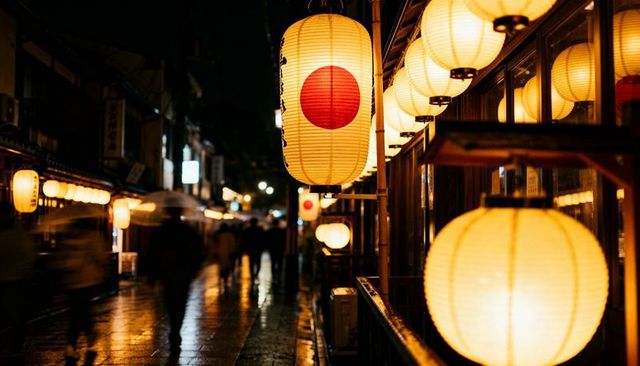 Glowing japanese lanterns casting warm light on rain-slick alley with umbrella walkers