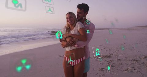 Romantic Couple Embracing on Futuristic Beach