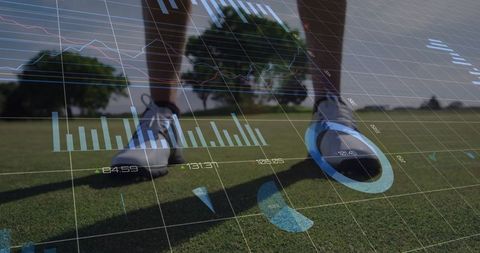 Golf sports technology on putting green with data visualization