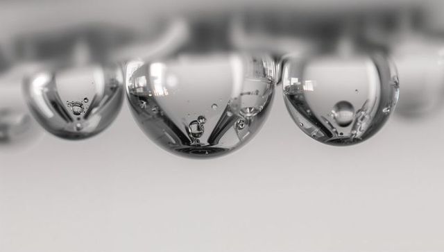 Macro droplets clinging to thin support with internal bubbles and glass-like reflections