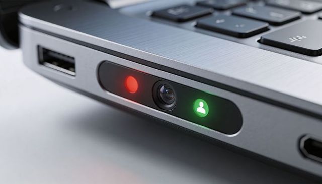 Laptop webcam led indicators showing privacy status with green user icon and red light