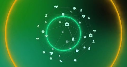 Neon Circles and Network Connections on Green Background