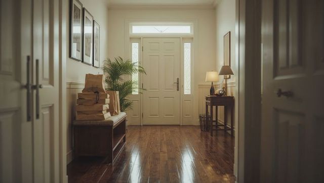 Elegant sunlit foyer with white front door, sidelights, transom and hardwood bench