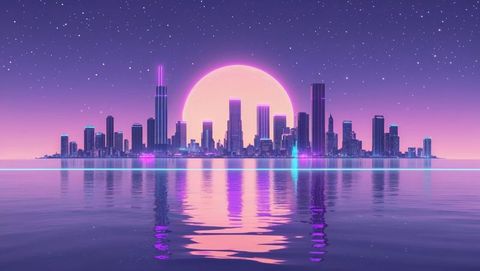 Futuristic Neon Cityscape with Reflective Water and Full Moon
