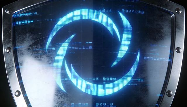 Riveted Shield Display Projecting Cyan Spiral HUD for Futuristic Tech Branding Interface