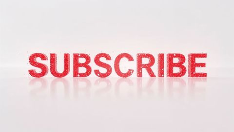 Red glitter subscribe letters reflecting on glossy surface with sparkling particles