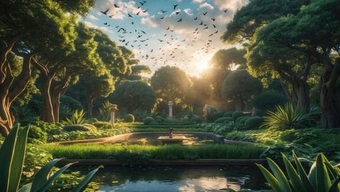 Sunlit garden with fountain and reflecting pond in serenity, garden of eden concept
