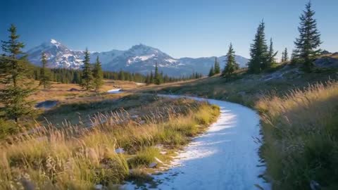 Slow-moving Trail Through Frosted Alpine Meadow Revealing Snow-Capped Peaks and Conifers