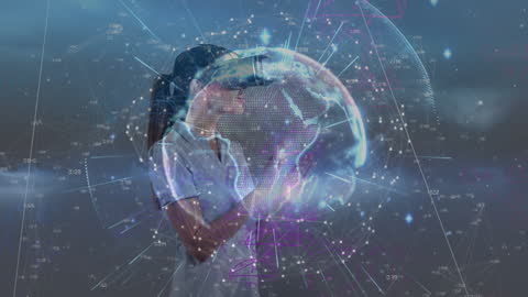 Woman Embracing Technology with VR Headset and Global Network