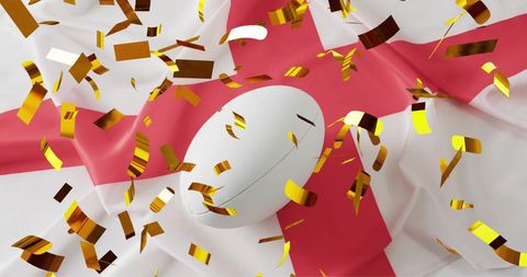 Rugby ball and english flag with flying confetti celebration