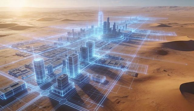 Projecting holographic city grid over desert with central spire and neon towers