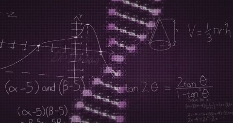 Mathematical Equations over DNA Strand on Dark Grid Background