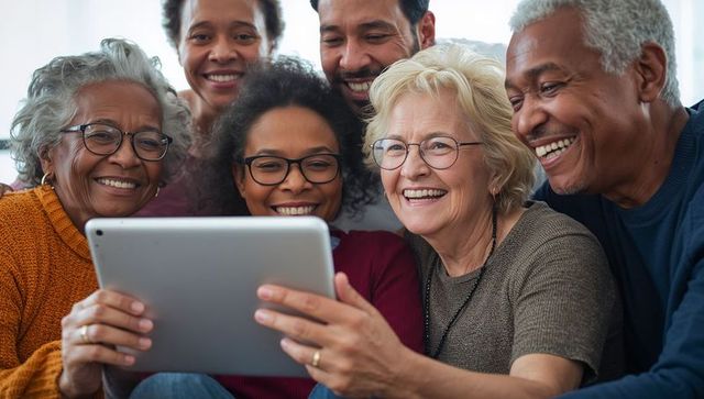 Multigenerational family gathering on couch sharing tablet and laughing together