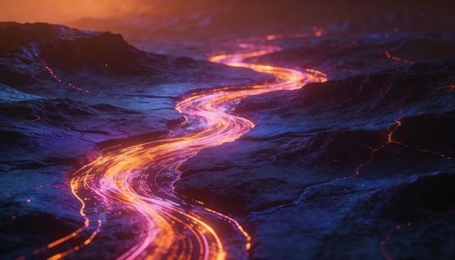 Neon molten river flowing through dark volcanic terrain at dusk with glowing fissures