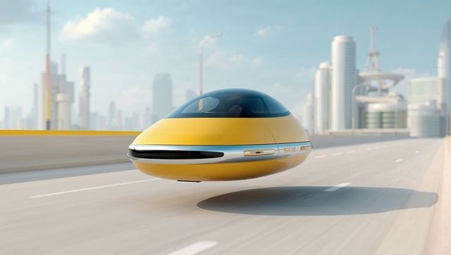 Yellow hover pod gliding over elevated highway amid futuristic city skyline