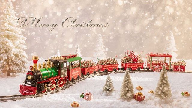 Vintage red green christmas train chugging across snowy miniature winter scene with gifts