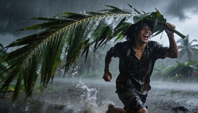 Asian teen running and laughing under palm frond shielding from tropical downpour