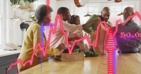 Multigenerational Family Unpacking Groceries and Sharing Fresh Produce on Kitchen Island