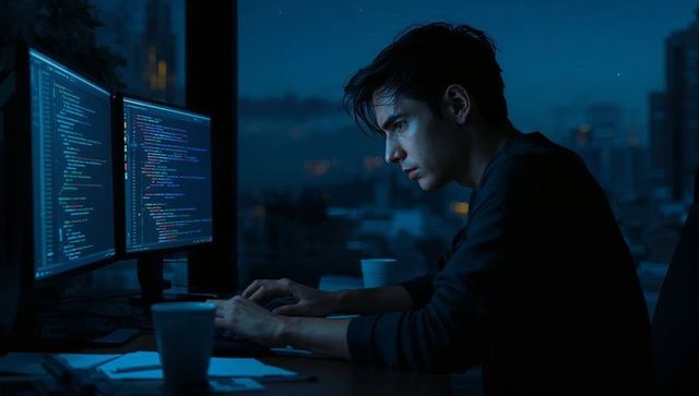 Asian developer coding late night at high-rise workstation with dual-monitor city view