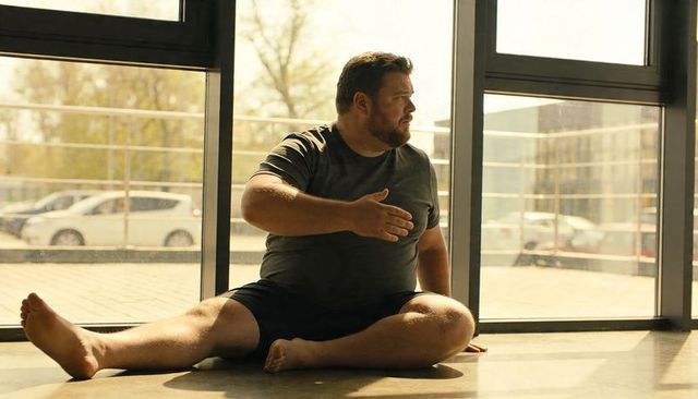 Middle-aged man practicing seated twist in sunlit studio, barefoot and promoting inclusive fitness