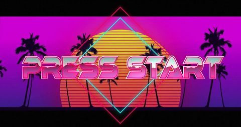 Neon retro arcade start screen with palm trees