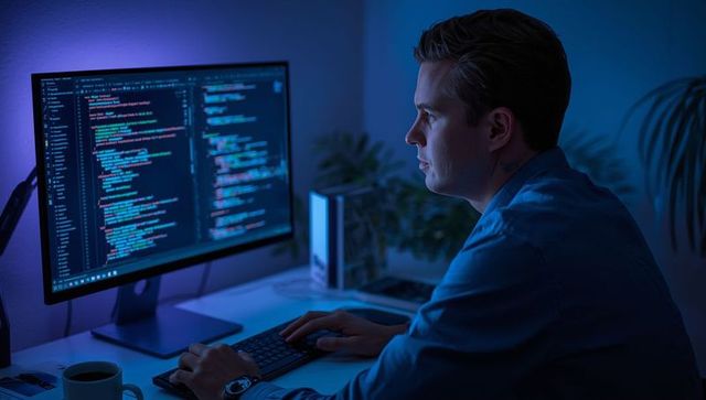 Focused programmer typing code in dimly lit home workspace