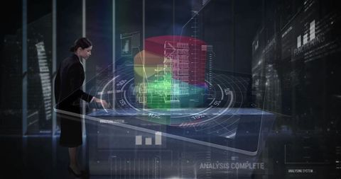 Woman Using Touchscreen Table in High-Tech Data Visualization Lab